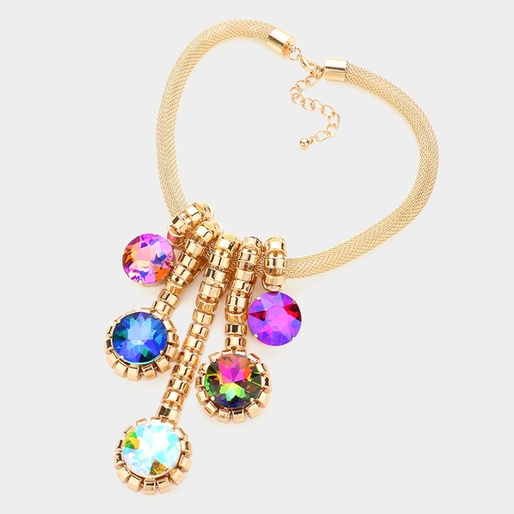 Gold rope multi color Round stone drop necklace pink blue purple - Picture 2 of 2